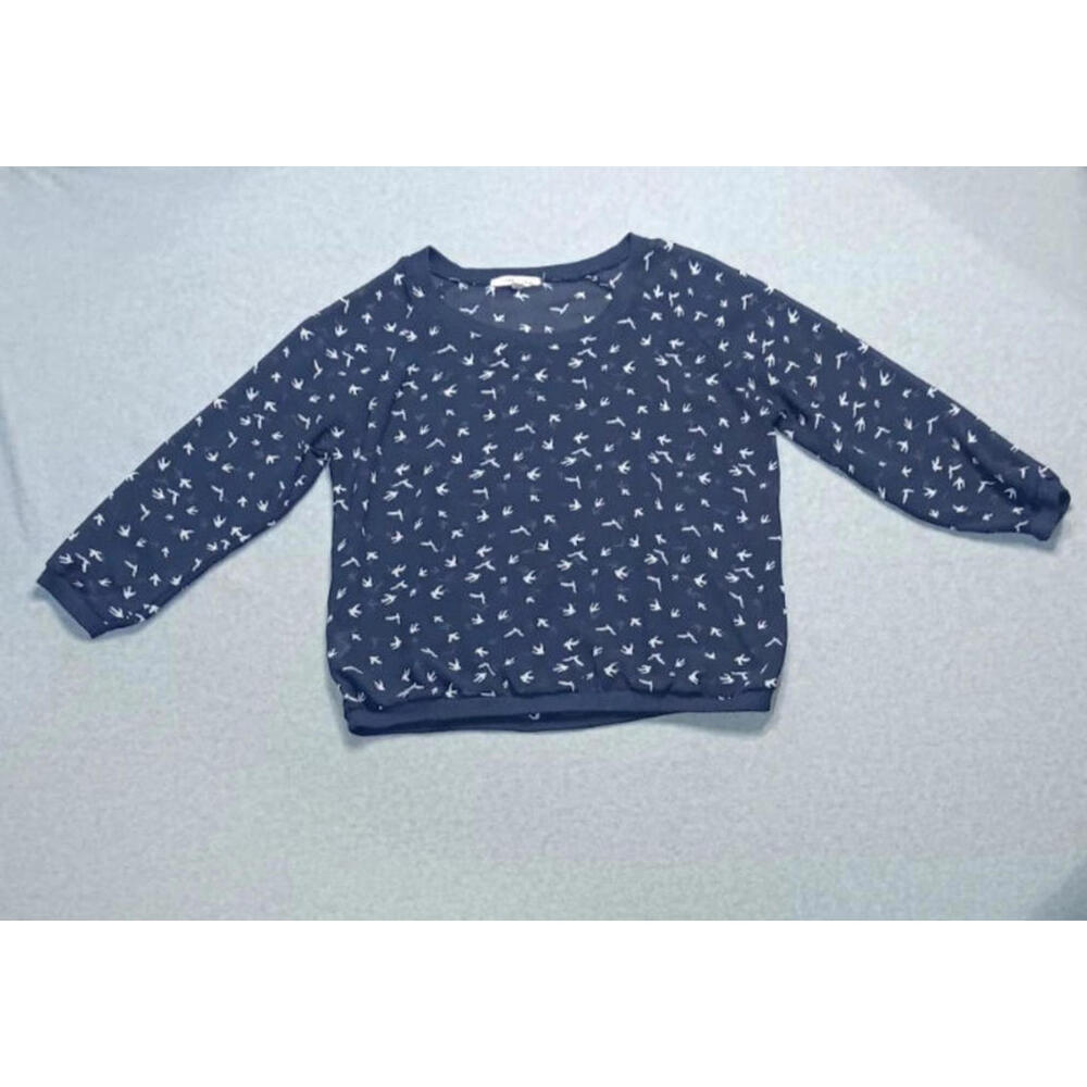 Wishful Park Long Sleeve Sheer Mesh Blouse Womens Size S Navy Blue Birds - Picture 1 of 11